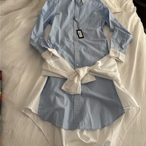 R13 Tie Shirt Dress Long Sleeve in Blue W/White XS brand new